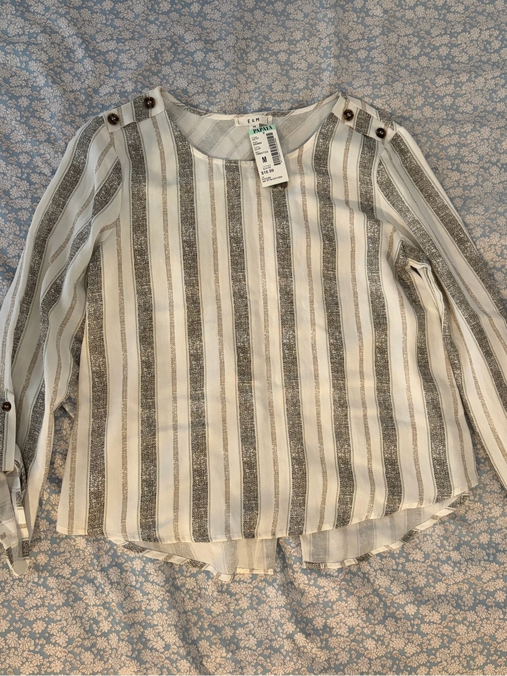 Papaya White and Gray Striped Button-Shoulder Blouse